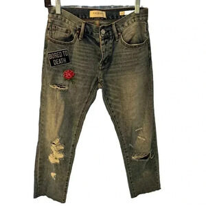 Pacsun patched girlfriend jeans, patches, distressed, raw hem. Size 24